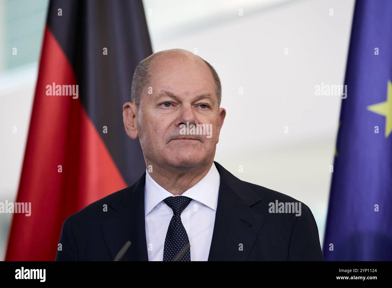 18.10.2024, Deutschland, Berlin, Berlin - Bundeskanzler Olaf Scholz bei der Pressekonferenz anlässlich des Besuchs des Referatsvorsitzenden Stockfoto