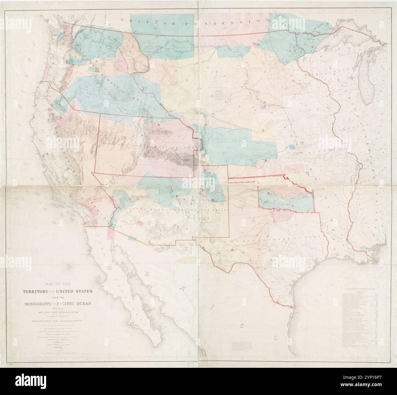 Karte des Territoriums der Vereinigten Staaten vom Mississippi bis zum Pazifischen Ozean : angeordnet vom HON. Jeff'n Davis, Kriegsminister, begleitet die Berichte über die Erkundungen einer Eisenbahnstrecke 1857 durch Warren, G. K. (Gouverneur Kemble), 1830-1882 Stockfoto