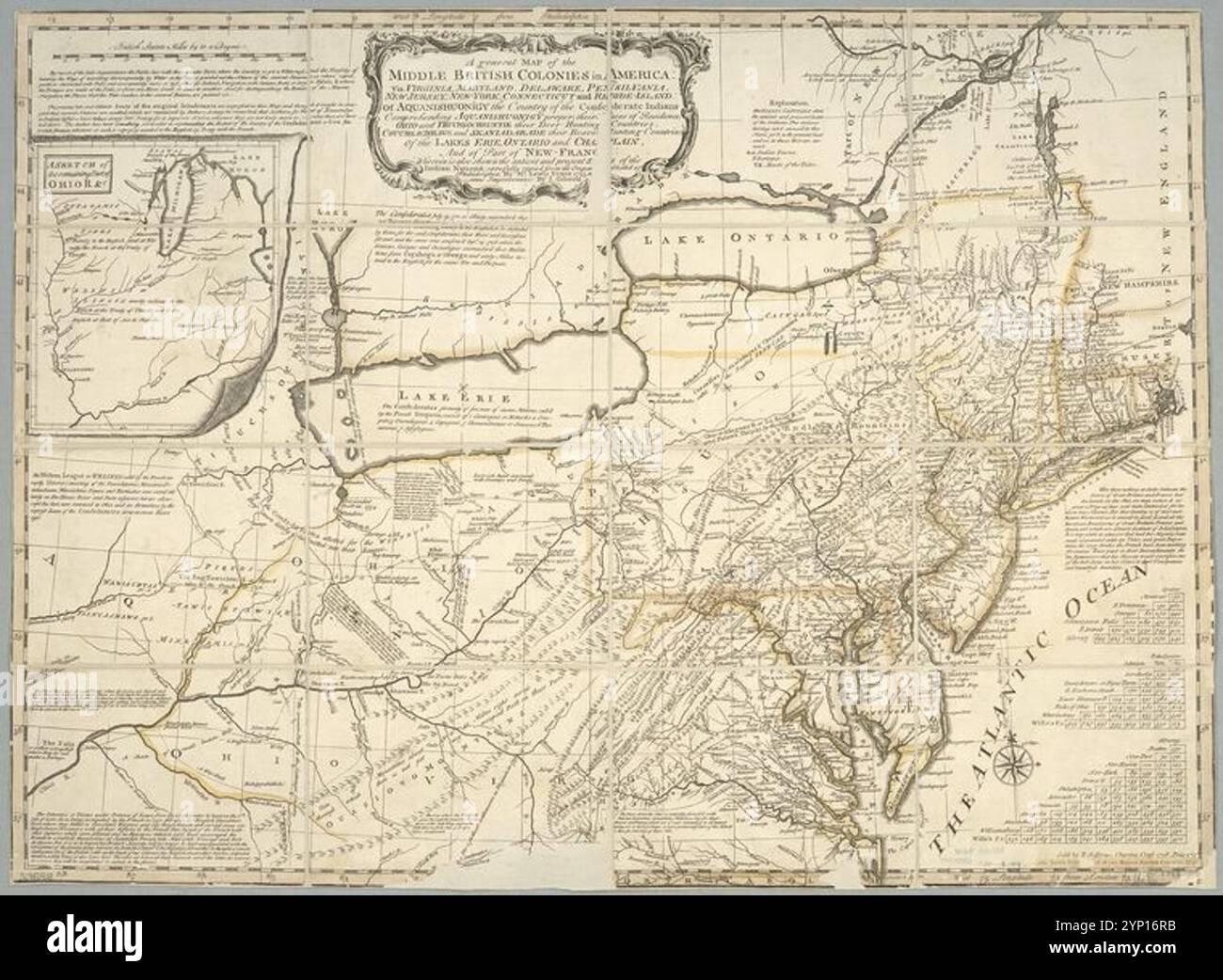 Eine allgemeine Karte der mittelbritischen Kolonien in Amerika: Virginia, Maryland, Delaware, Pensilvania, New-Jersey, New York, Connecticut und Rhode-Island: von Aquanishuonigy das Land der konföderierten Indianer, die Aquanishuonigy selbst verstehen, ihre Wohnsitzorte, Ohio und Thuchsochruntie ihre Jagdländer, Couchsachrage und Skaniadarade ihre Biberjagdländer, die Seen Erie, Ontario und Champlain, und von einem Teil von New-Frankreich : wobei auch die antienten 1758 Lewis, 1700 Sitze der Indianernationen von -1756 Evans erhalten werden Stockfoto