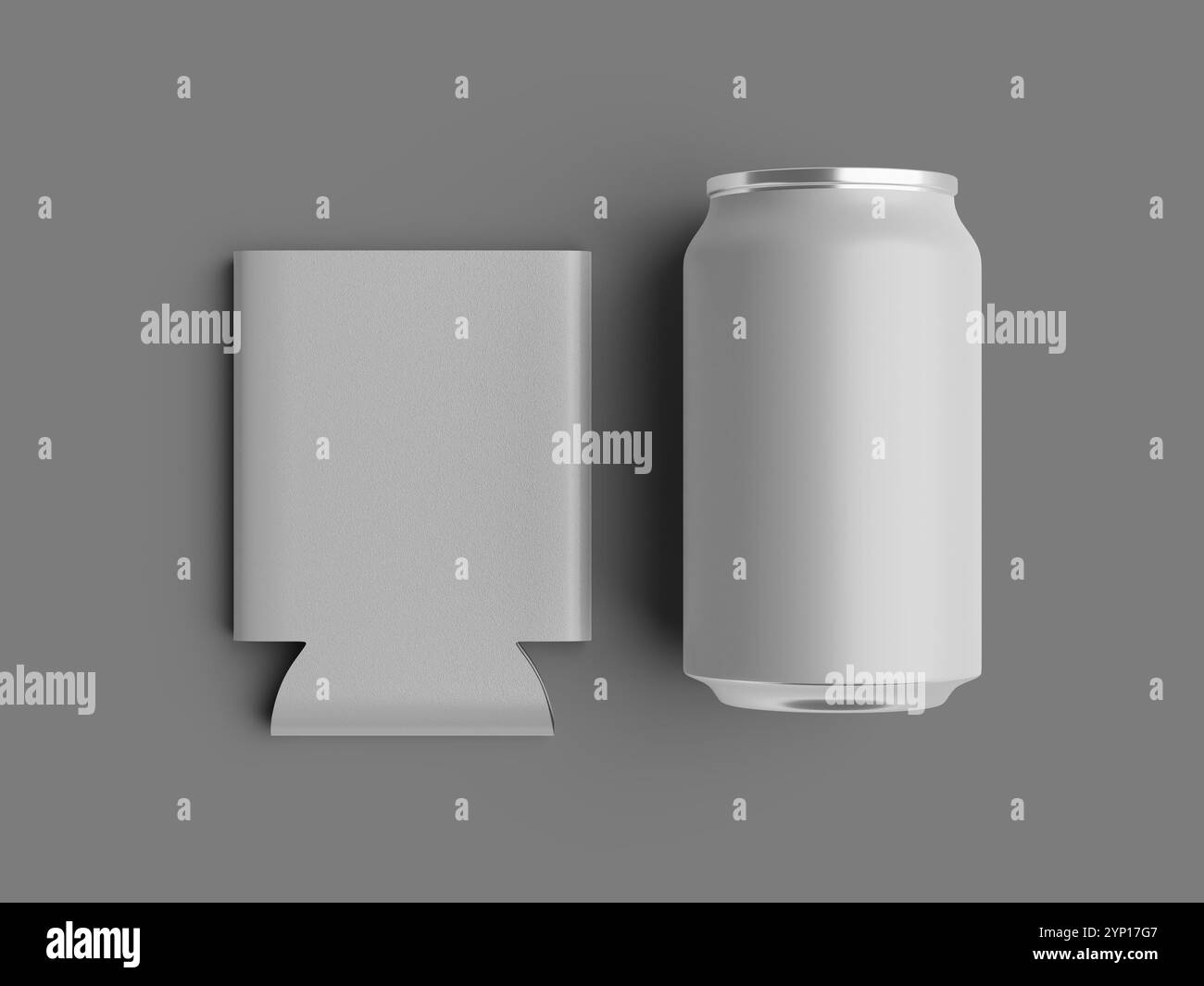 Flach gelegt weiß blank Koozie Can Cooler 3D gerenderte Mockup Stockfoto