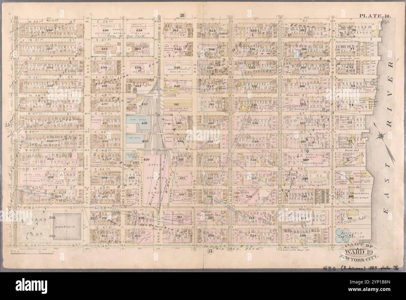 Platte 16: Begrenzt durch W. 52nd Street, E. 52nd Street, (East River) First Avenue, E. 40th Street und Sixth Avenue 1885 durch Robinson, E. (Elisha) Stockfoto