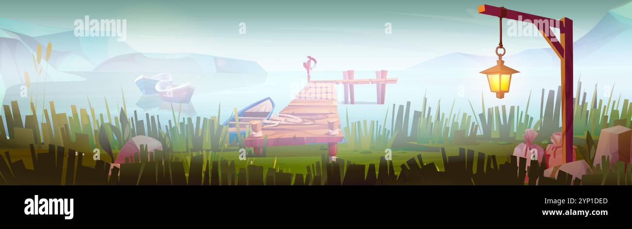 Panoramablick auf das nebelige Wasser mit hölzernem Pier und Fischerbooten, umgeben von hohem Gras, glühenden Laternen auf Pfosten, fernen Bergen. Spielhintergrund der friedlichen Morgenlandschaftsillustration. Stock Vektor