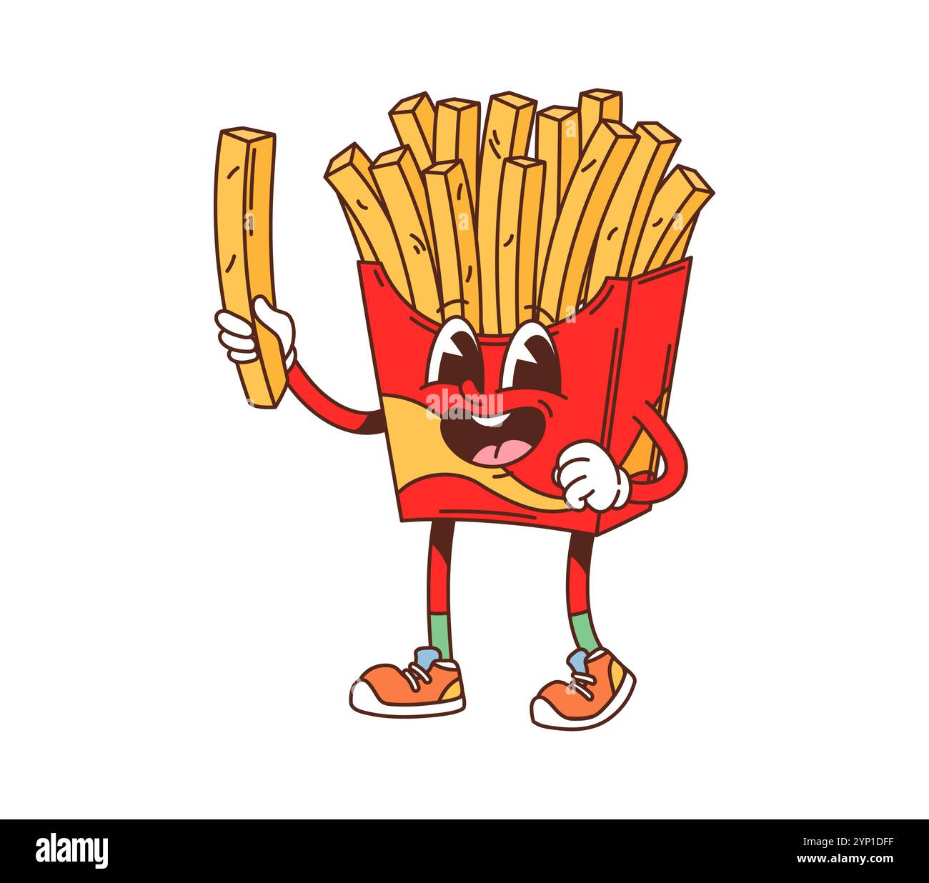 Cartoon groovige Fast Food Pommes Frites Figur. Essen zum Mitnehmen lustige Retro-Persönlichkeit, 60er Jahre Zeichentrick 70er Jahre isolierte Vektorfigur. Street Cafe Menü Pommes Frites Snackbox fröhliches Maskottchen Stock Vektor