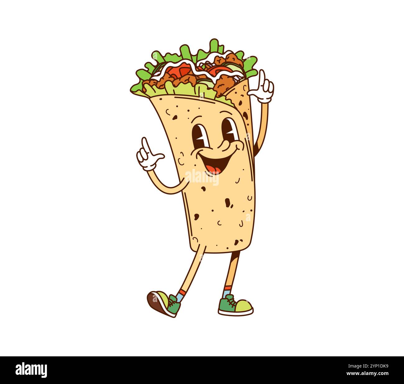 Comic mexikanischer Burrito-grooviger Fast-Food-Charakter mit Geste zum funkigen Retro-Beat. Isolierte Vektor-Shawarma-Comic-Fastfood-Persönlichkeit, leckere Mahlzeit mit nostalgischen Vintage-Vibes aus den 60er oder 70er Jahren und Sneakers Stock Vektor