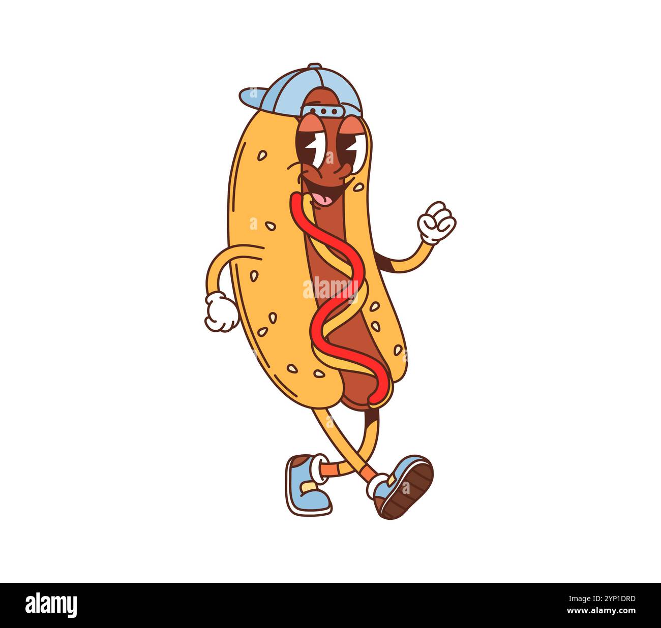 Cartoon groovige Fast Food Hot Dog Figur. Take-away-Café Hot Dog nette Vintage-Persönlichkeit, 60er Jahre Zeichentrick 70er Jahre isolierte Vektorfigur. Fastfood-Snack oder Straßenmenüs lustiges, grooviges Maskottchen mit Mütze Stock Vektor