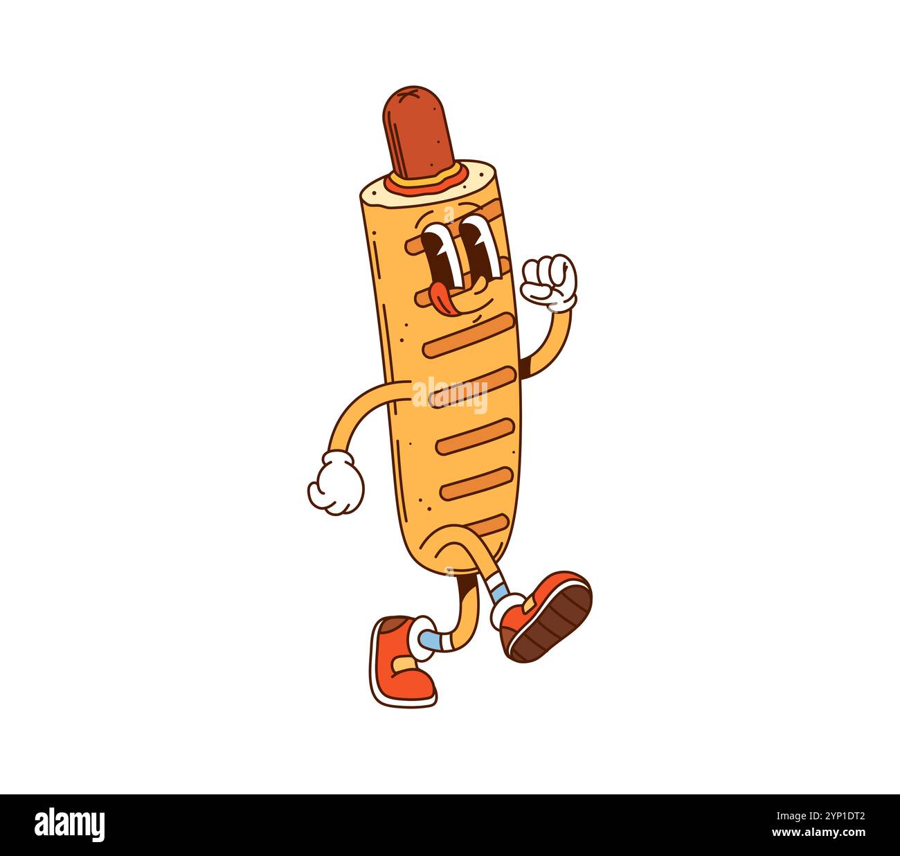 Cartoon amerikanischer Maishund grooviger Fast-Food-Charakter. Isolierter Vektor lustiger Hotdog oder Maishund, Street Junk Food Persönlichkeit. Retro-Mahlzeit mit Würstchen und funky Vibe für Bistro, Restaurant zum Mitnehmen und Café Stock Vektor