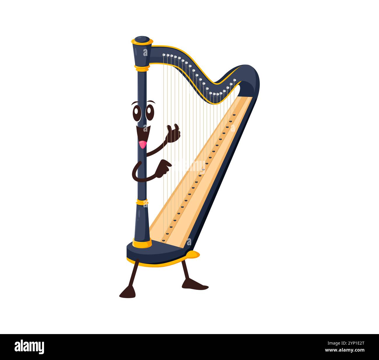 Comic lustige Harfenfigur. Isolierte Vektorbesaitung von Musikinstrumenten. Vintage-Zupfartikel zum Spielen von klassischer oder volkstümlicher Musik. Positiv lächelnde traditionelle Harfe spielt auf sich selbst. Stock Vektor