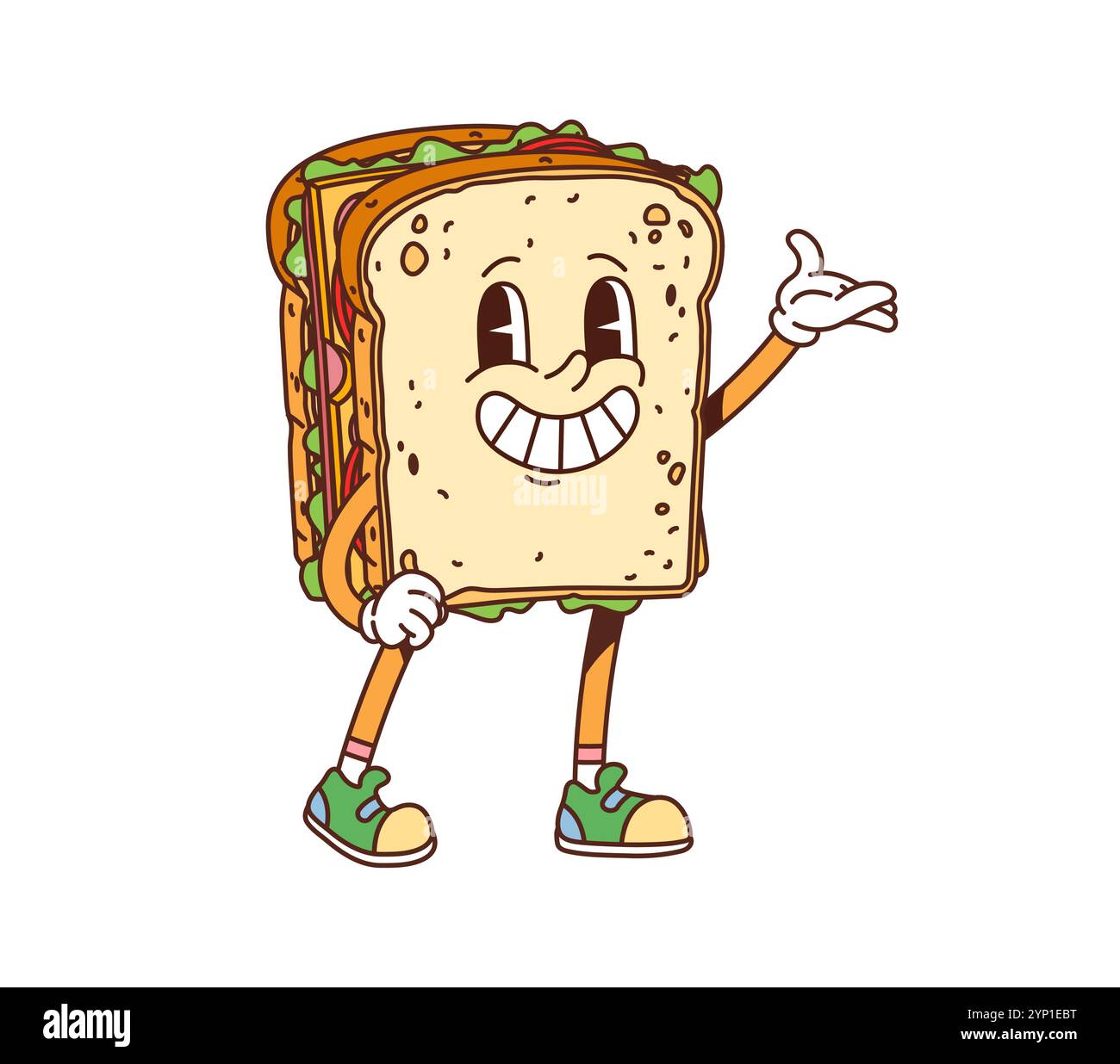 Cartoon grooviger Fast Food Sandwich Charakter. Straßenmenü-Snack fröhlicher flippiger Charakter, süße 60er 70er Jahre Cartoon isolierte Vektorfigur. Sandwich zum Mitnehmen oder Fastfood-Mahlzeit Happy Sliming Maskottchen Stock Vektor