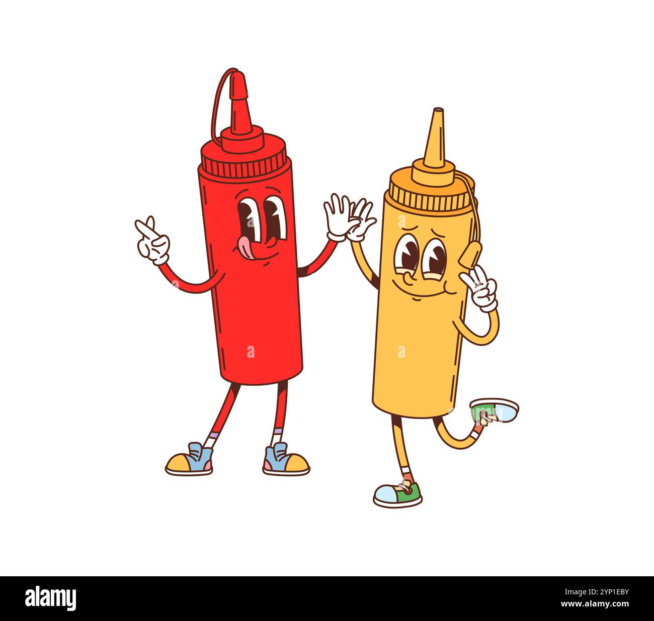 Cartoon-grooviger Fast-Food-Ketchup und Senfcharakter. Fastfood-Restaurant-Sauce süße Cartoon-Persönlichkeit, lustige groovige isolierte Vektor-Charakter. Café zum Mitnehmen Ketchup und Senf fröhliches Maskottchen Stock Vektor