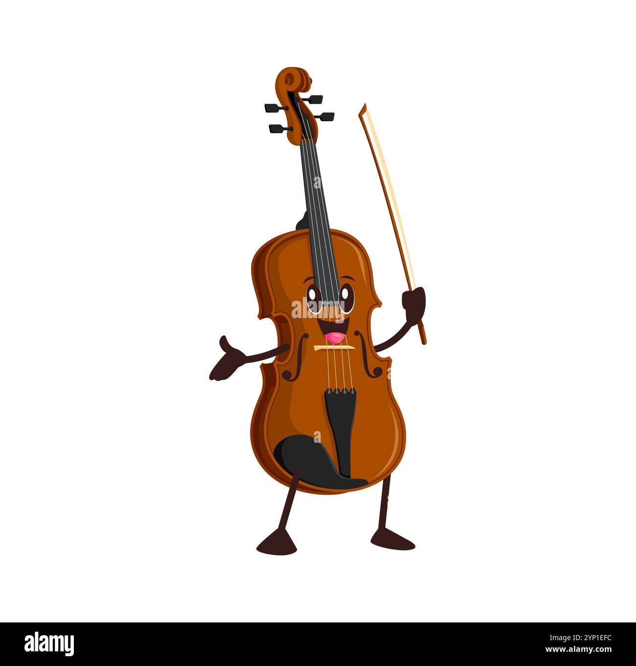 Comic lustige Violinfigur. Isoliertes Vektor-Musiksaiteninstrument, niedliche Cellofigur mit lächelndem Gesicht und Bogen in der Hand, die klassische Musik spielt oder Bildungskurse für Kinder fördert Stock Vektor