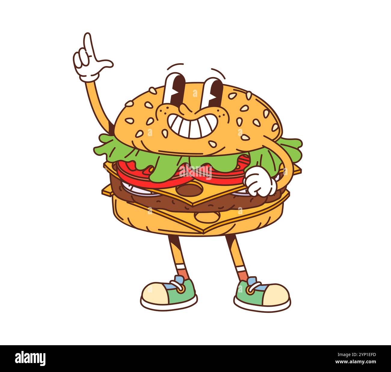 Cartoon grooviger Fast Food Burger Happy Charakter. Fastfood Restaurant Mahlzeit fröhliches Maskottchen, lustige 60er Jahre Zeichentrick 70er Jahre isoliert Vektor Charakter. Imbiss oder Hamburger Happy Groovy Persönlichkeit zum Mitnehmen Stock Vektor