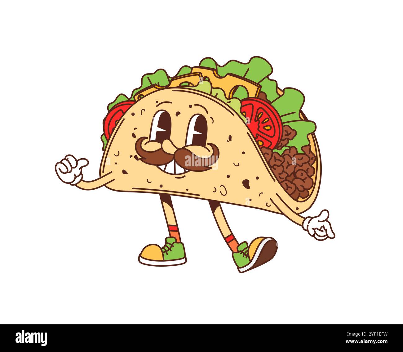 Cartoon groovige Fast-Food-Tacos fröhlicher Charakter. Mexikanische Küche Street Cafe Snack Cartoon lustiges Maskottchen, fröhlich groovige isolierte Vektor-Persönlichkeit. Fastfood-Mahlzeit oder Tacos zum Mitnehmen, glücklicher Charakter Stock Vektor