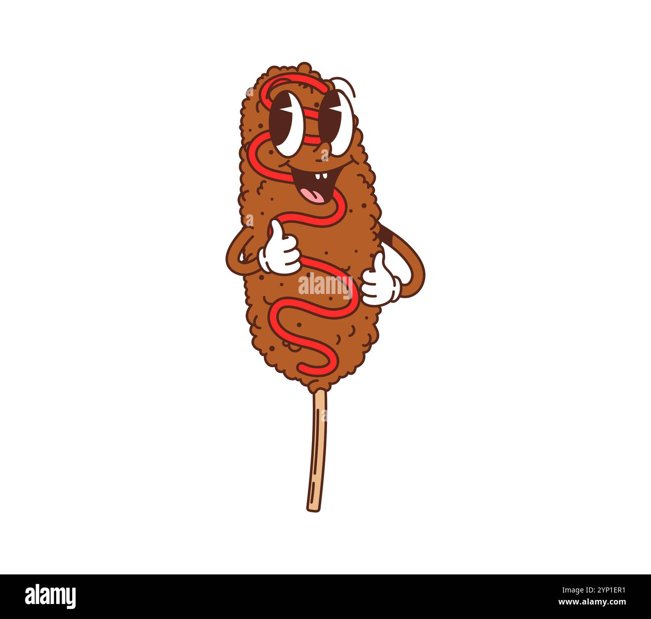 Cartoon grooviger Fast Food-Corndog süßer Charakter. Fastfood-Menü-Mahlzeit 60er 70er Jahre grooviges Maskottchen, lustige Retro-Cartoon isolierte Vektorpersönlichkeit, zum Mitnehmen Café Corndog oder Street Snack fröhlicher Charakter Stock Vektor