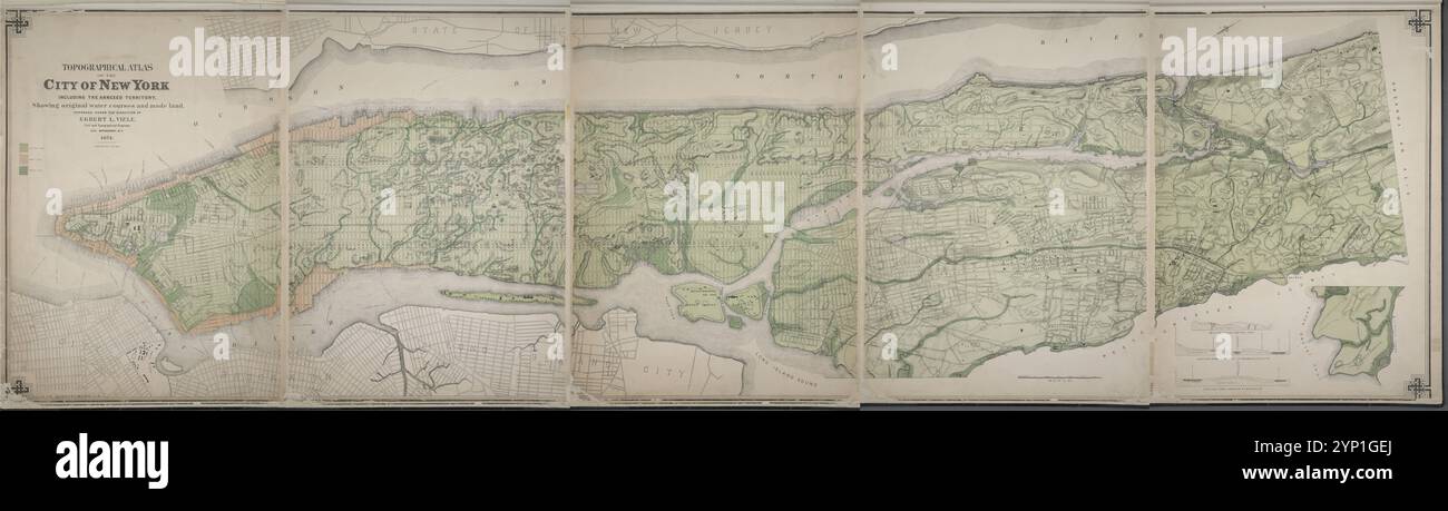 Topographischer atlas der Stadt New York, einschließlich des annektierten Territoriums, das ursprüngliche Wasserläufe zeigt und Land 1874 von Viele, Egbert L. (Egbert Ludovicus), 1825-1902 gemacht wurde Stockfoto