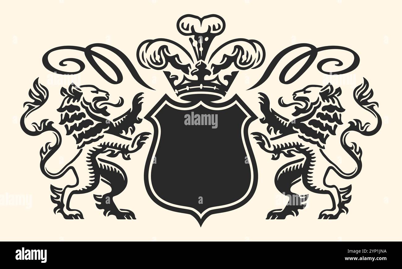 Wappen mit Löwen, Schild und Krone. Königliches Emblem Vektor-Illustration Stock Vektor