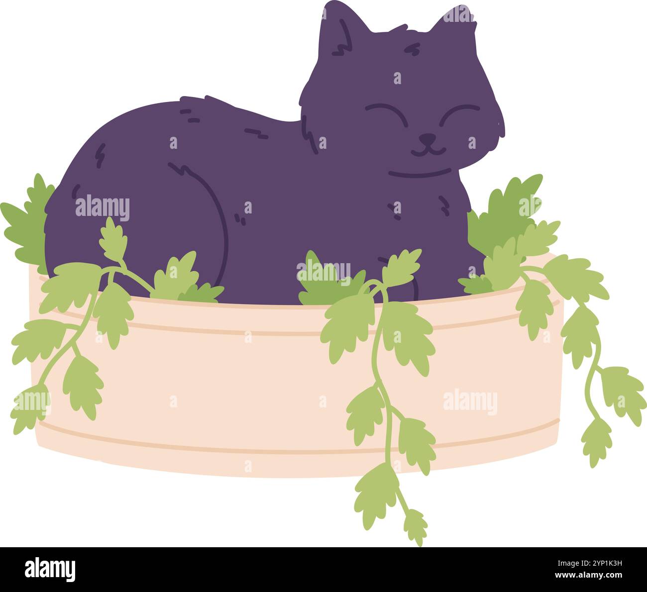 Glücklicher Katzenschlaf im Blumentopf. Niedliches Haustier-Symbol isoliert auf weißem Hintergrund Stock Vektor