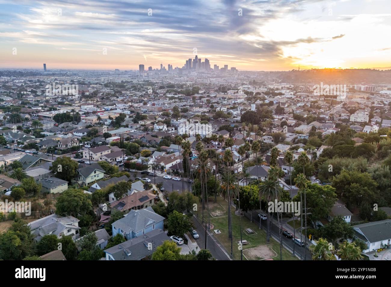 Die Skyline von Los Angeles mit einer Drohne aus der Vogelperspektive in der Innenstadt mit Palmen bei Sonnenuntergang in Kalifornien, USA Stockfoto