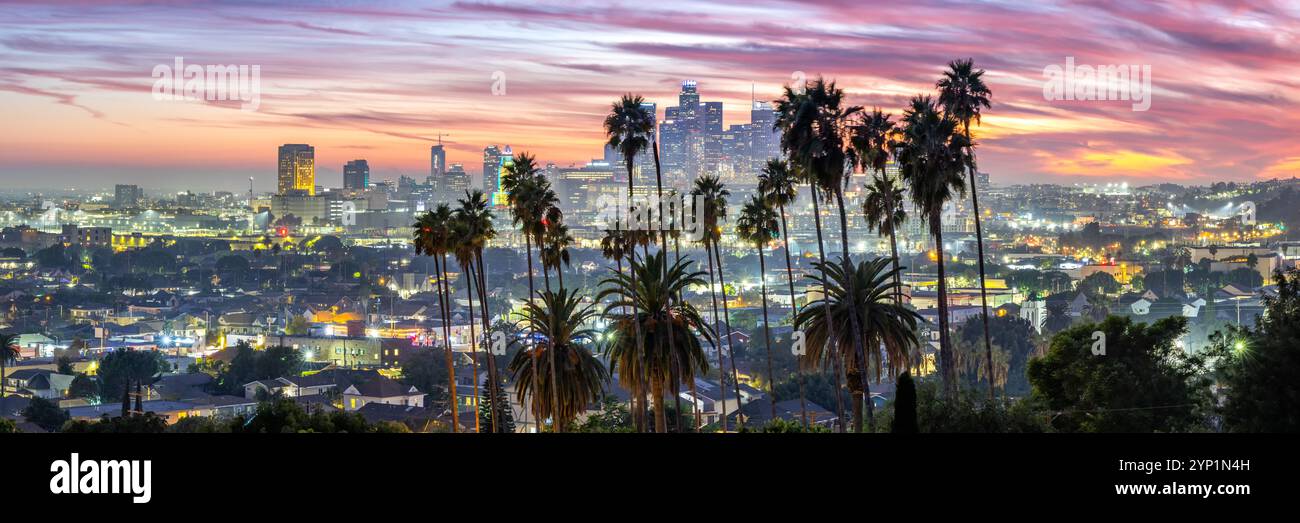 Die Skyline von Los Angeles und die Innenstadt mit Palmen und einem Panorama bei Sonnenuntergang im Ela Park California USA Stockfoto