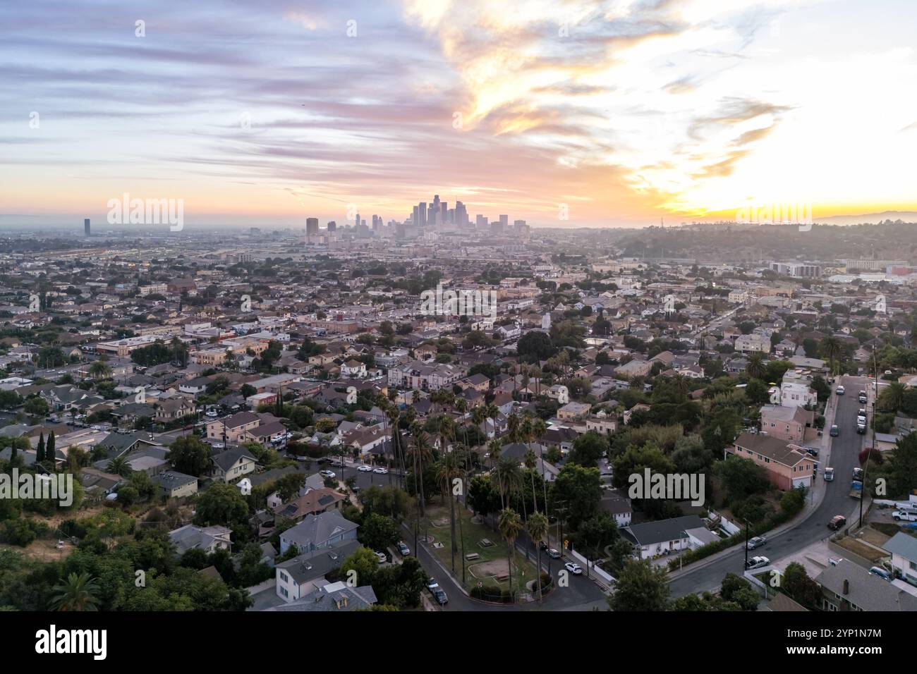 Die Skyline von Los Angeles mit einer Drohne aus der Vogelperspektive in der Innenstadt mit Palmen bei Sonnenuntergang in Kalifornien, USA Stockfoto