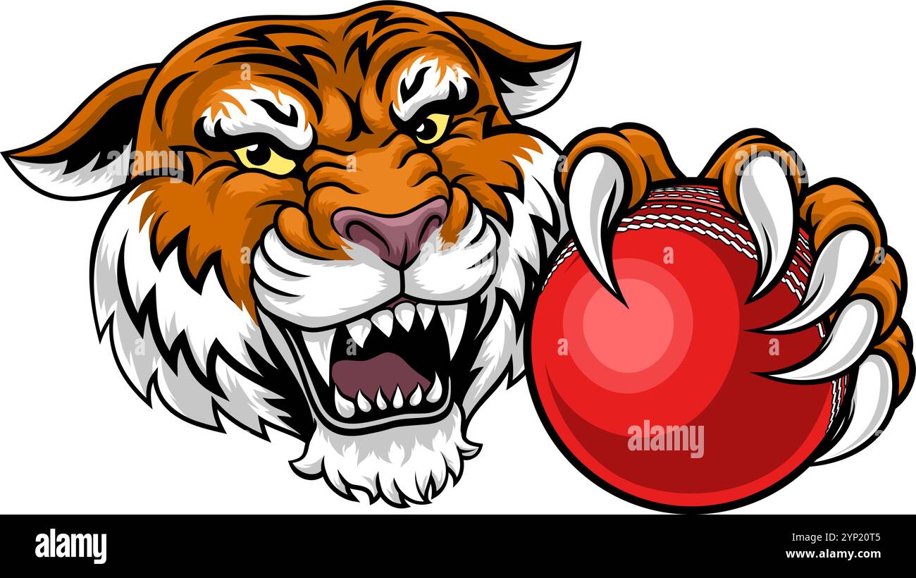 Tiger Cricket Ball Tiersport-Team Maskottchen Stock Vektor