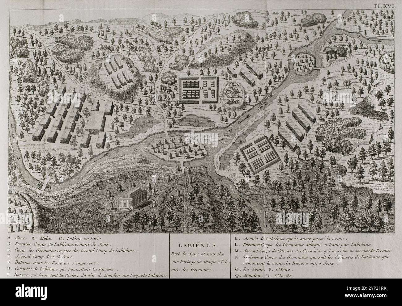 Gallische Kriege (58 v. Chr.–50 v. Chr.). Labienus verlässt Sens und marschiert nach Paris (Lutetia), um die deutsche Armee anzugreifen. Gravur. "Commentaires de Cesar, avec des Notes historiques, critiques et militaires" von Graf Turpin de Crissé. Band II. Veröffentlicht in Montargis und verkauft in Paris, 1785. Stockfoto