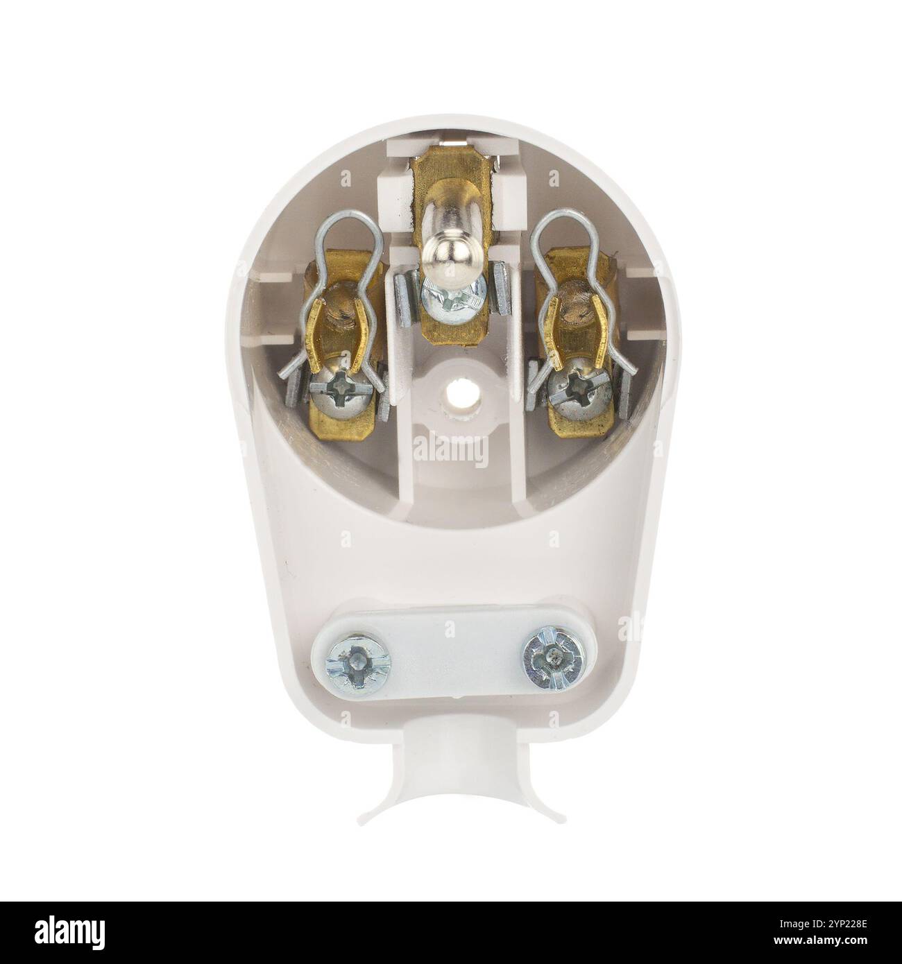 Elektrischer Stecker im Inneren mit freiliegenden Kabelbauteilen Stockfoto