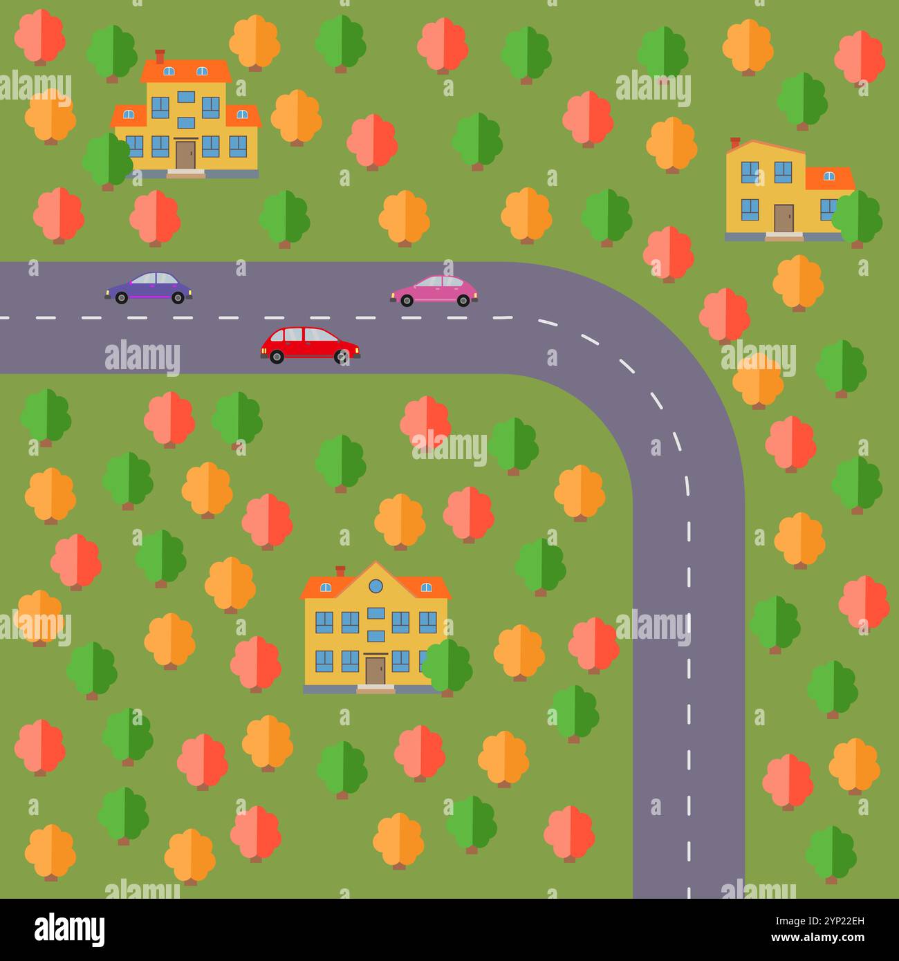 Plan des Dorfes. Landschaft mit Straße, Wald, Autos und Häusern. Vektorabbildung Stock Vektor