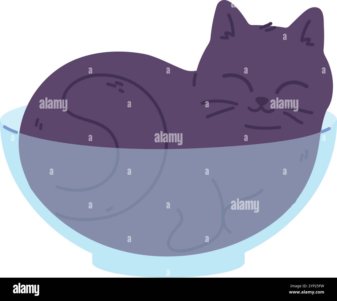 Katze schläft in einer Glasschale. Komfortables, gemütliches Tier isoliert auf weißem Hintergrund Stock Vektor