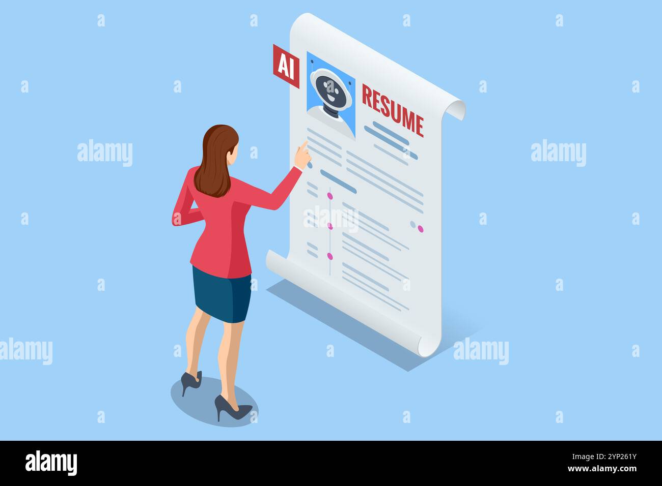 Isometrische Einstellungs- und Rekrutierungsroboter werden für eine Stelle statt eines menschlichen Kandidaten ausgewählt. Digitale Bewerbungsgespräche, in denen künstliche Intelligenz überstrahlt Stock Vektor