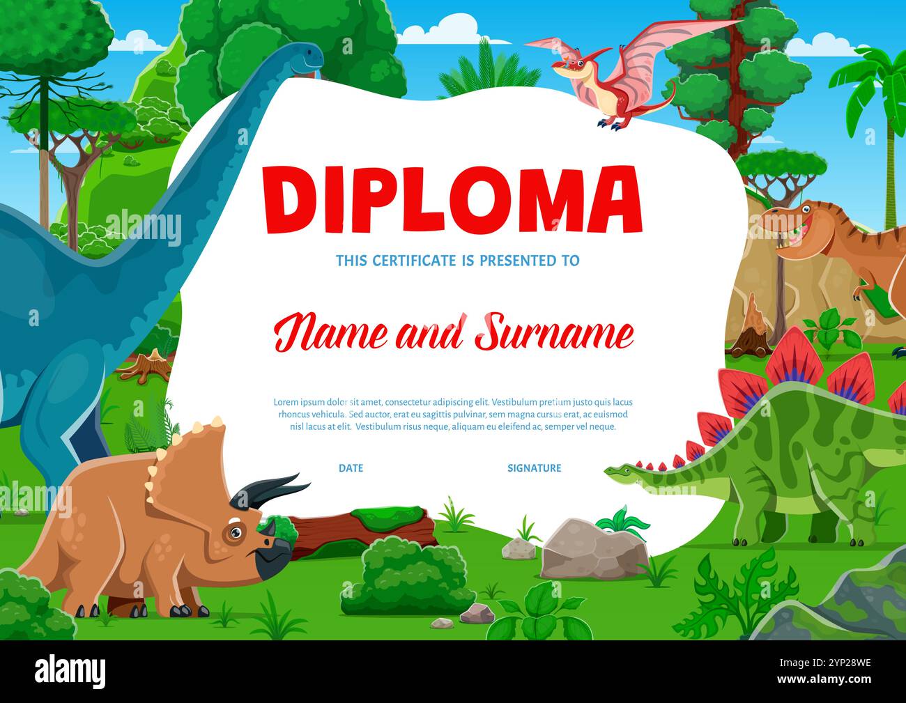 Kinderdiplom mit lustigen prähistorischen Dinosaurierfiguren. Kinderdiplom, Auszeichnung und Geschenkgutschein im Vektor-Hintergrund-Rahmen von Cartoon Dino-Tieren, tyrannosaurus, Brontosaurus und triceratops Stock Vektor