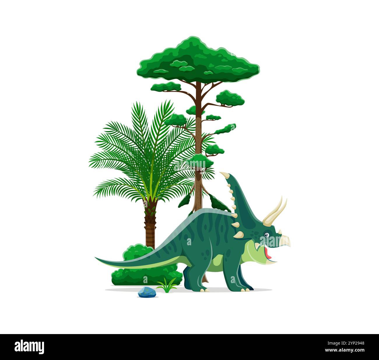 Chasmosaurus prähistorischer Dinosauriercharakter. Isolierte Karikaturvektor triceratops wie Dino mit grün gefleckter Haut und Hörnern, stehen in einer üppigen Landschaft aus der jurassischen Zeit mit Bäumen, Felsen und grünen Büschen Stock Vektor