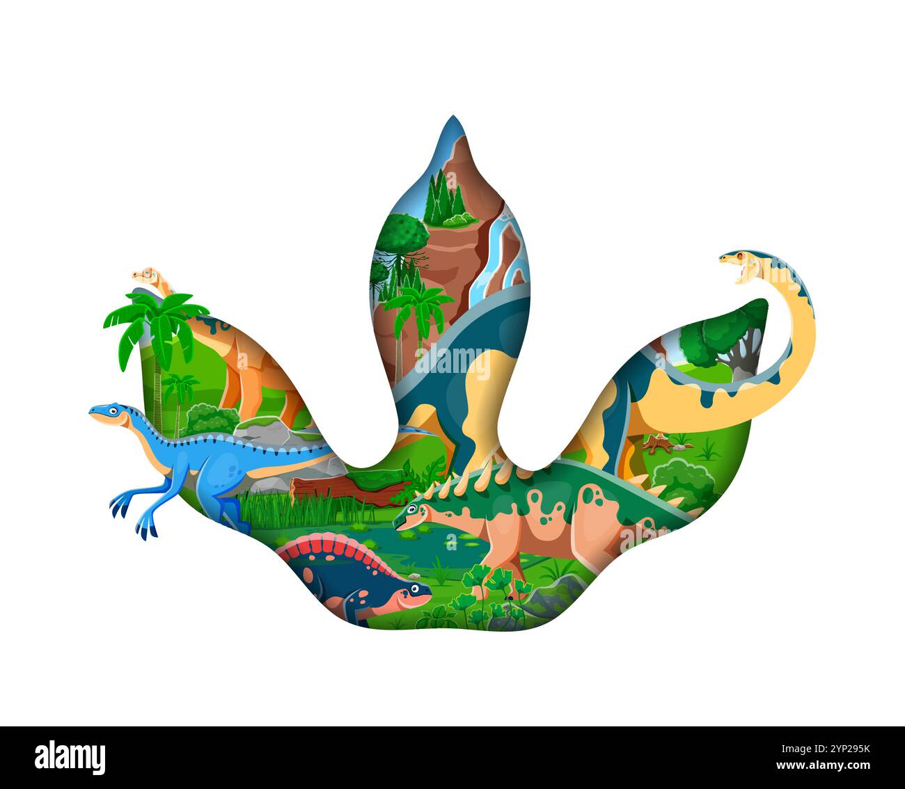 Dinosaurier Footprint Papier geschnittenes Banner mit prähistorischen Dino-Zeichentrickfiguren und Wasserfall Natur Landschaft. Vektor 3D Papier geschnitten Dinosaurier Footprint Rahmen mit Wetteraptor, Apatosaurus, Lotosaurus Dinos Stock Vektor