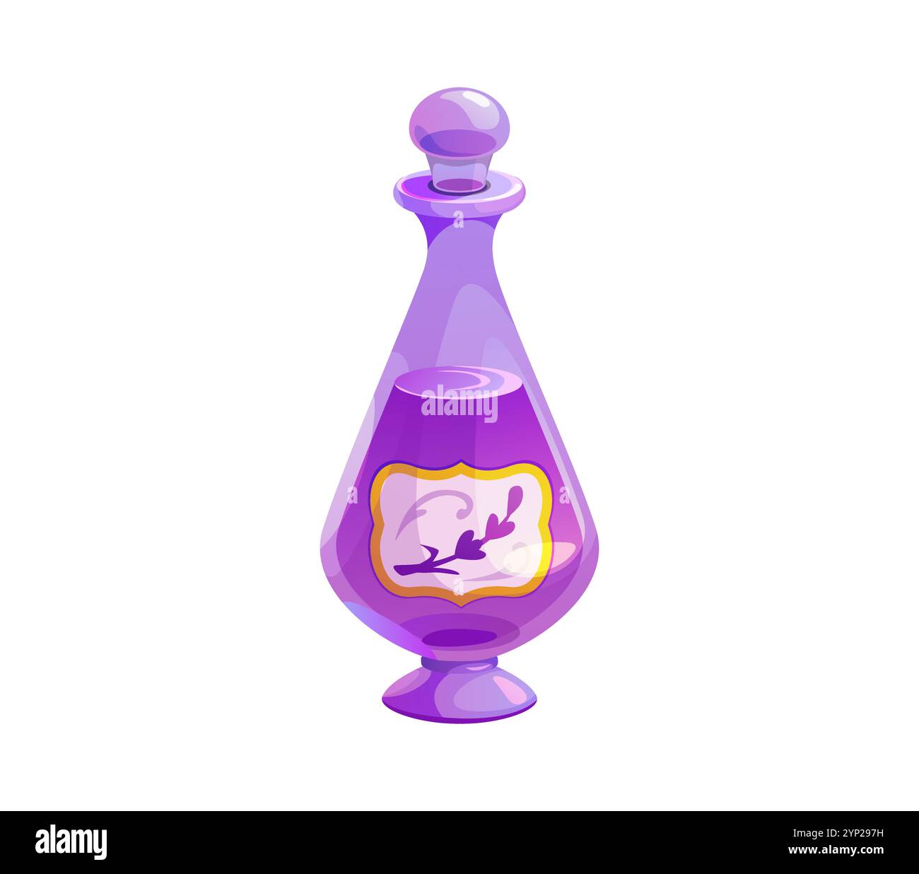 Zeichentrickglasflasche mit Lavendelblüten, Kosmetik und Öl. Isolierte Vektorwahnsinnige und mystische Tränkflasche, raffinierte Durchstechflasche mit lila Flüssigkeit Inhalt, die auf magische oder therapeutische Anwendungen hindeutet Stock Vektor