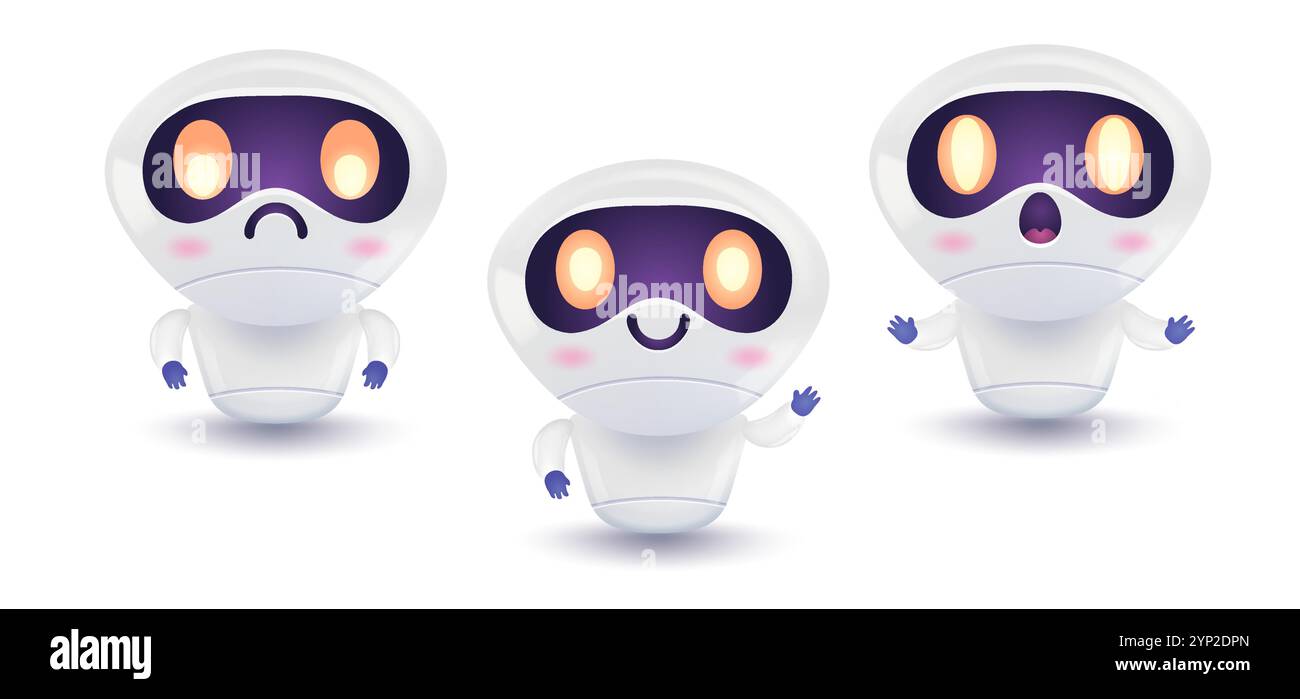 Vektor-Illustration eines niedlichen Roboters in anderer Stimmung. Vektorsymbole für Chatbot in realistischem Stil. Stock Vektor