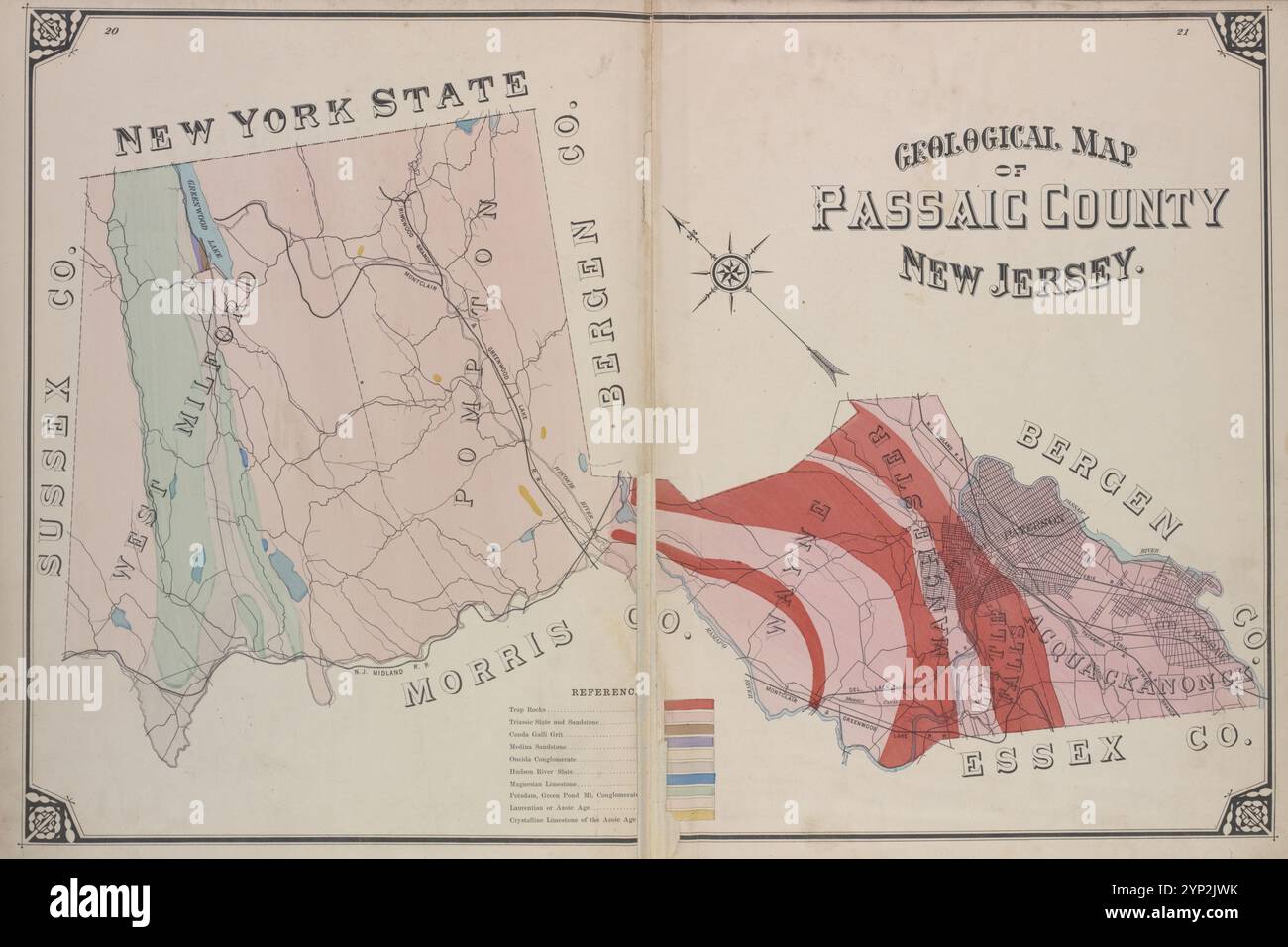 Geologische Karte von Passaic County, New Jersey. 1877 Stockfoto