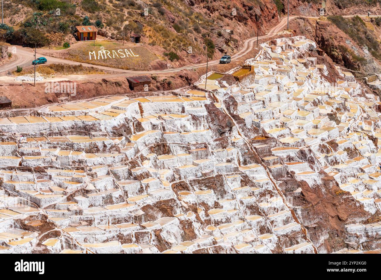 Salinen von Maras, Salinas de Maras, Cuzco Region, Peru, Südamerika Stockfoto