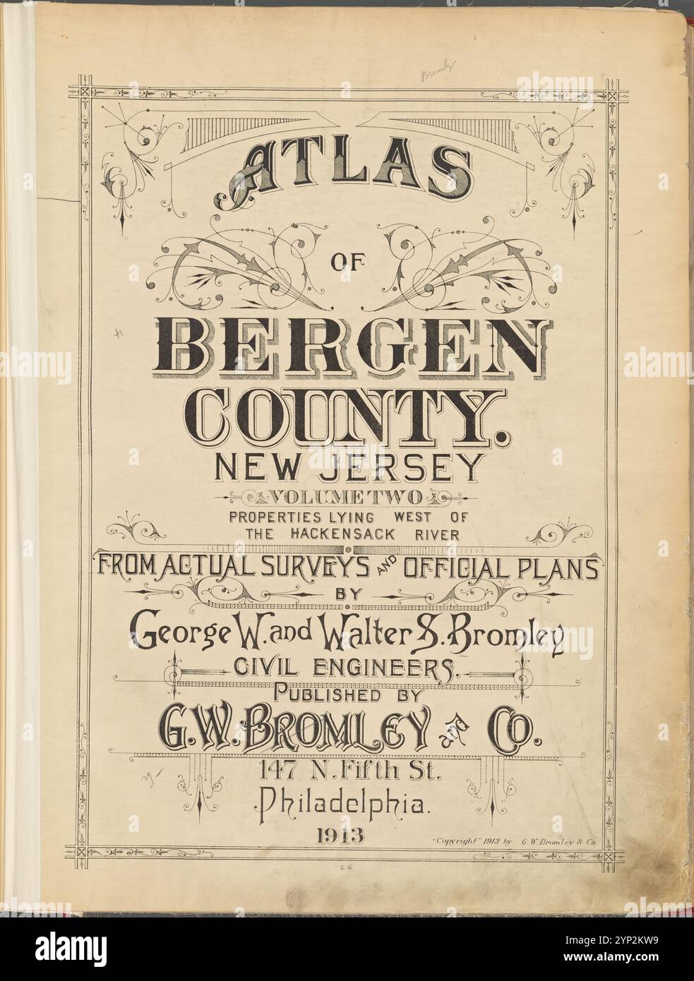 Atlas aus Bergen County, New Jersey. Band 2: Liegenschaften zwischen hudson River und hackensack River. Aus aktuellen Untersuchungen und offiziellen Plänen von George W. und Walter S. Bromley, Bauingenieuren. Veröffentlicht von G.W.Bromley and Co., 147 N. 5th St., Philadelphia. 1913. 1912 - 1913 Stockfoto