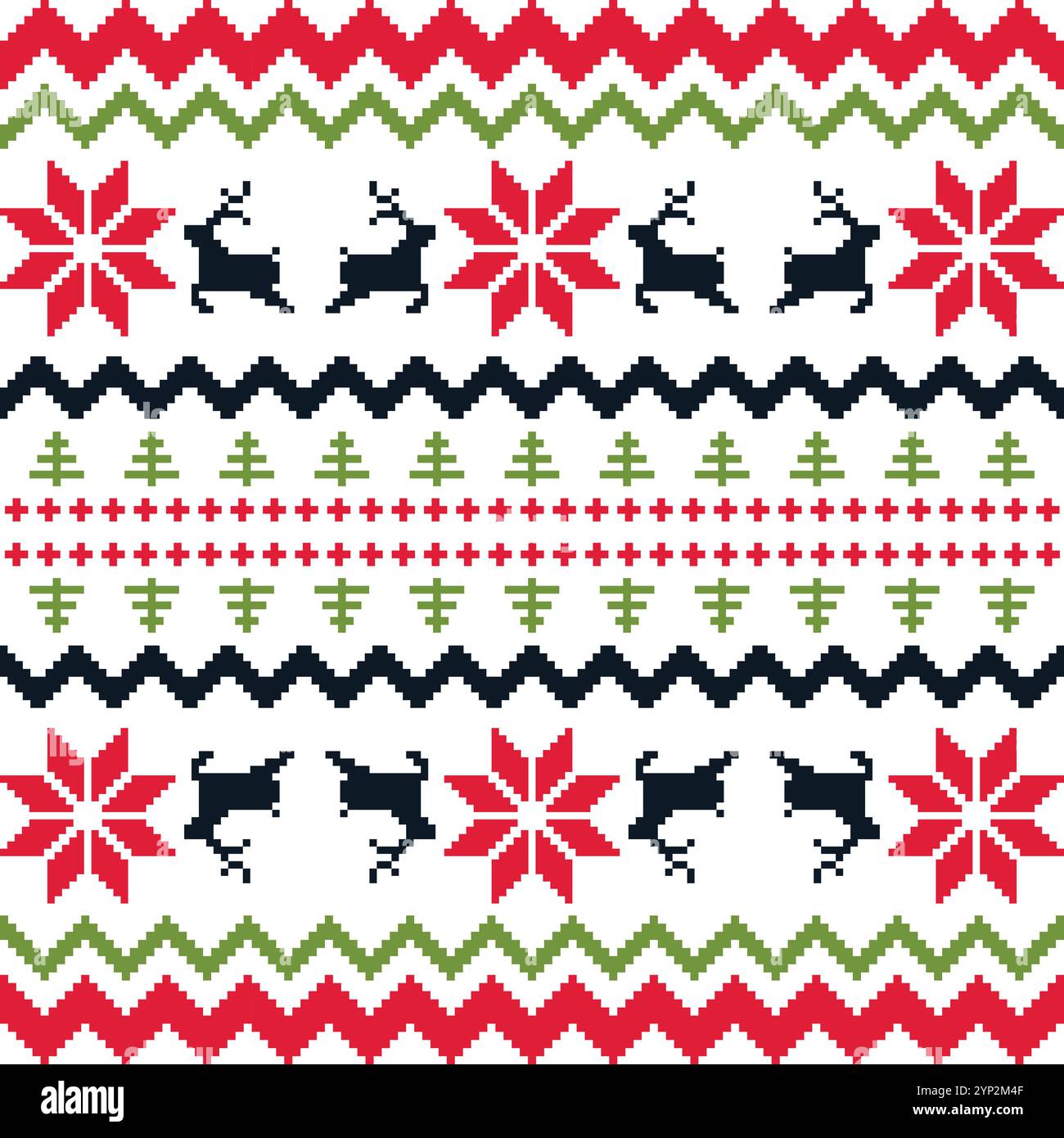 Weihnachten Pullover Muster Design nahtlose Pixel Kunst Hintergrund. Weihnachtsreihen mit Rentieren, Schneeflocken, Sternen, Stechpalmenbeeren und Bäumen auf einem weiß Stock Vektor