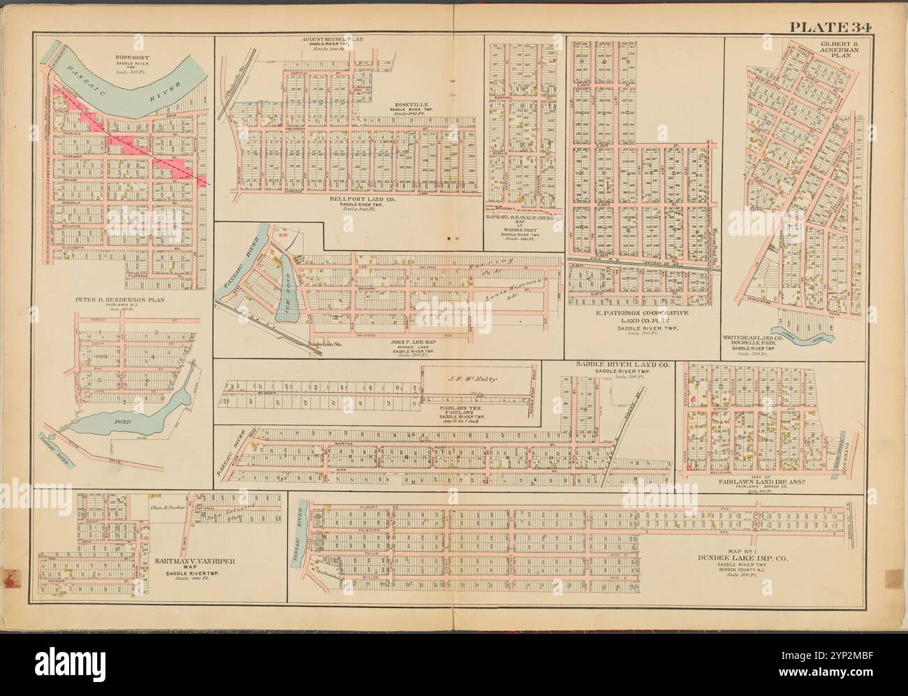 Bergen County, V. 2, Double Page Plate No. 34 [Map of Rose Mont., Peter D. Henderson Plan, August Heusel Plan, Rose Ville., Bellport Land Co., Raphael and Rasalie Grunauer Map at Warren Point, John F. Lee Map, Dundee Lake, E. Paterson Co-operative Land Co. Plan, Gilbert B. Ackerman Plan, Whitehead Land Co., Rochelle Park, Fairlawn Ter., Saddle River Land Co., Map of Fair Lawn Land IMP., Hartman V. Vanriper Map, Dundee Lake IMP.] 1912 - 1913 Stockfoto