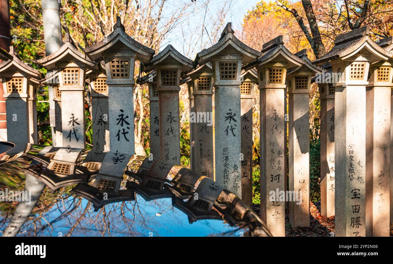 Eine Reihe von Laternen aus Zen-Stein, die sich im Wasser spiegeln, Yoshino, Honshu, Japan, Asien Stockfoto