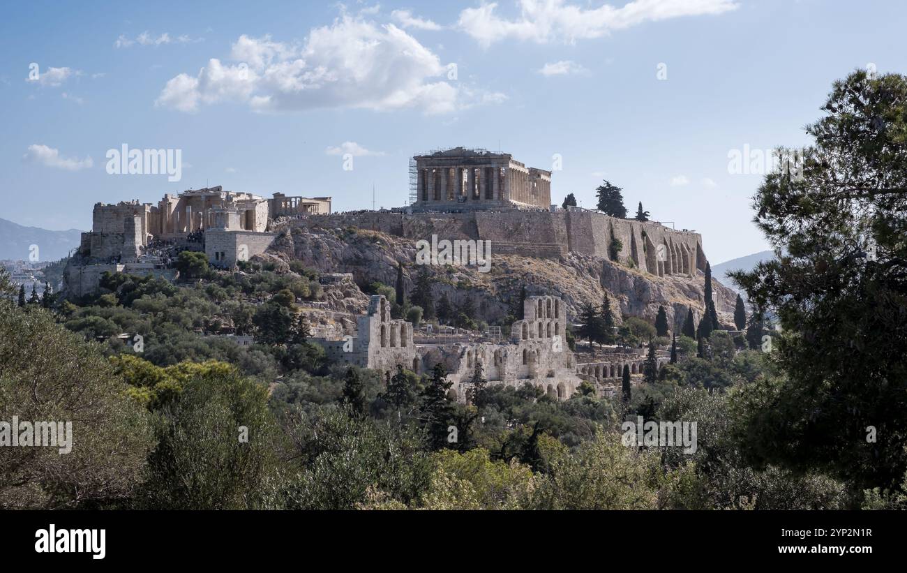 Blick auf die Akropolis von Athen, UNESCO-Weltkulturerbe, vom Mouseion-Hügel im Südwesten, Athen, Griechenland, Europa Stockfoto