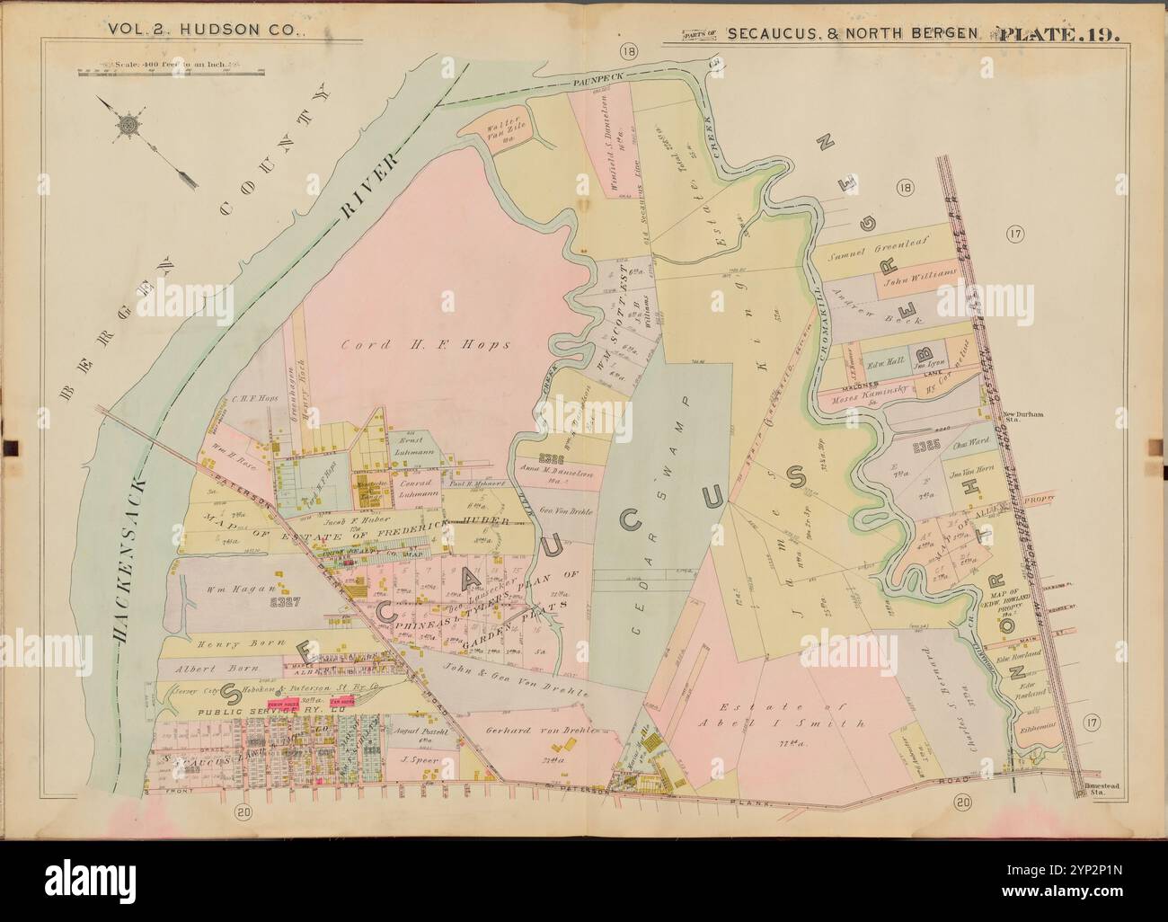 Hudson County, V. 2, Double Page Plate No. 19 [Map Bounded by Hackensack River, Paterson Plank Rd., Front St.] 1908 - 1909 Stockfoto