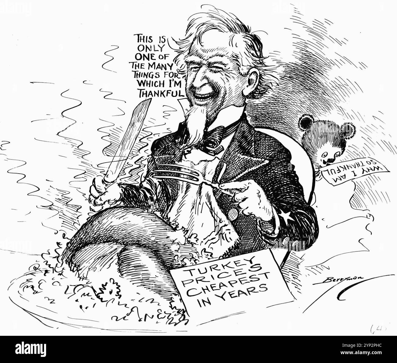 Der Karikaturist Clifford Berryman hilft seinen Lesern, Thanksgiving Day zu feiern, da die große Depression das Land überschattet. Berrymans Onkel Sam macht sich bereit, den traditionellen truthahn zu schnitzen, und stellt fest, dass der Preis der türkei der niedrigste seit Jahren ist (aufgrund der Depression, die zu sinkenden Preisen für die meisten Waren führte). Berrymans Teddybär arbeitet auf einer Liste mit "Warum ich so dankbar bin". Stockfoto