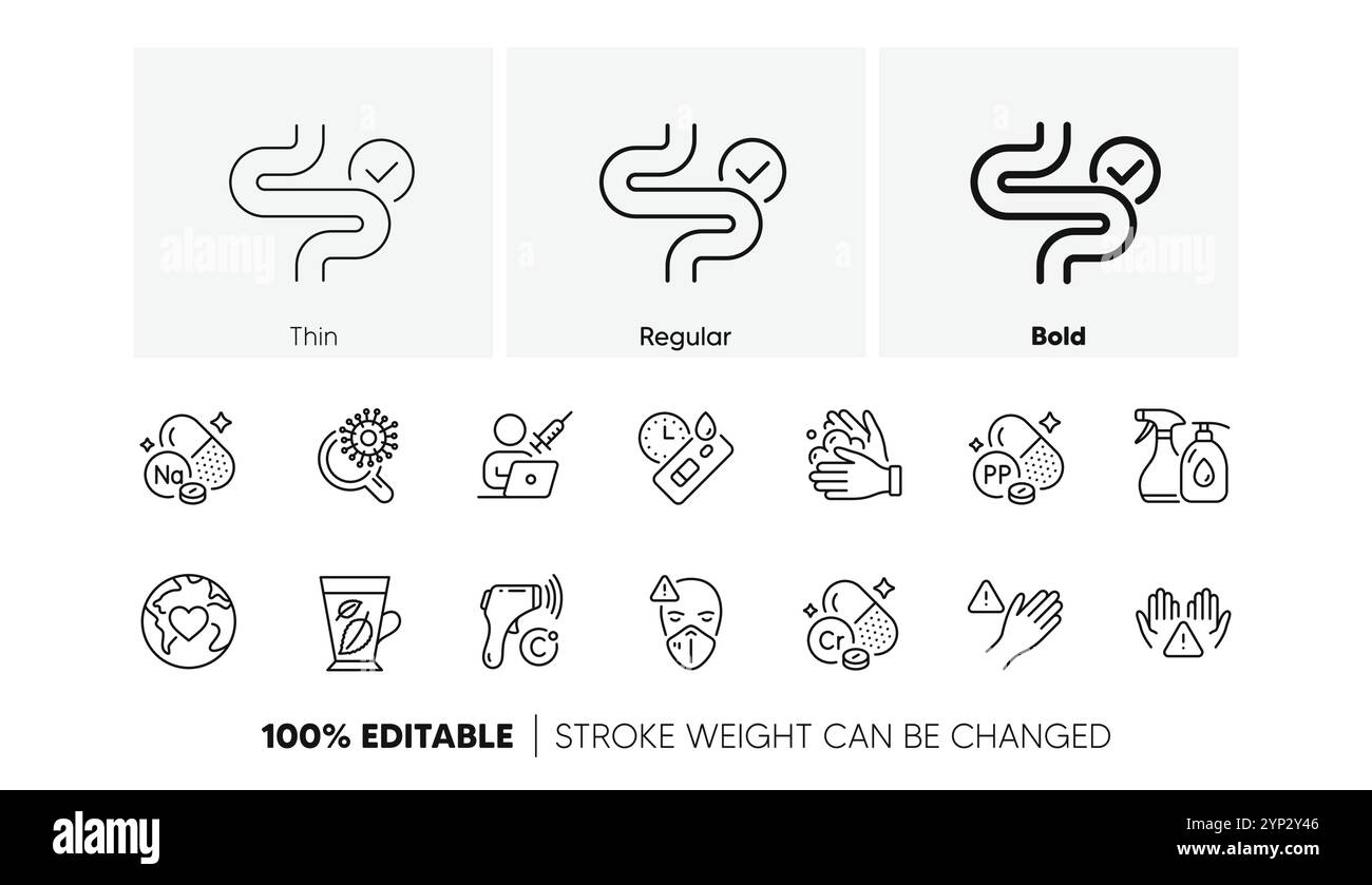 Impftermin, elektronisches Thermometer und Symbole für Verdauungslinien. Für Web-App drucken. Zeilensymbole. Vektor Stock Vektor