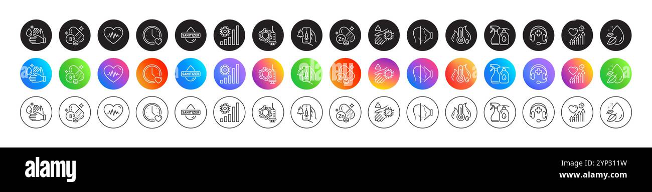 Symbole für Reinigungsflüssigkeiten, Herzschlag und Hände waschen. Für Web-App drucken. Runde Symbolschaltflächen. Vektor Stock Vektor