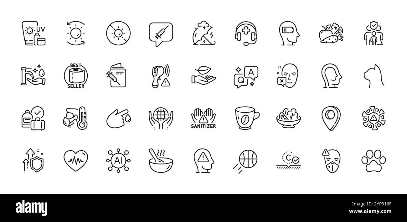 Gesicht abgelehnt, psychische Gesundheit und Impfpass Linie Symbole Pack. Für Web-App. Zeilensymbole. Vektor Stock Vektor