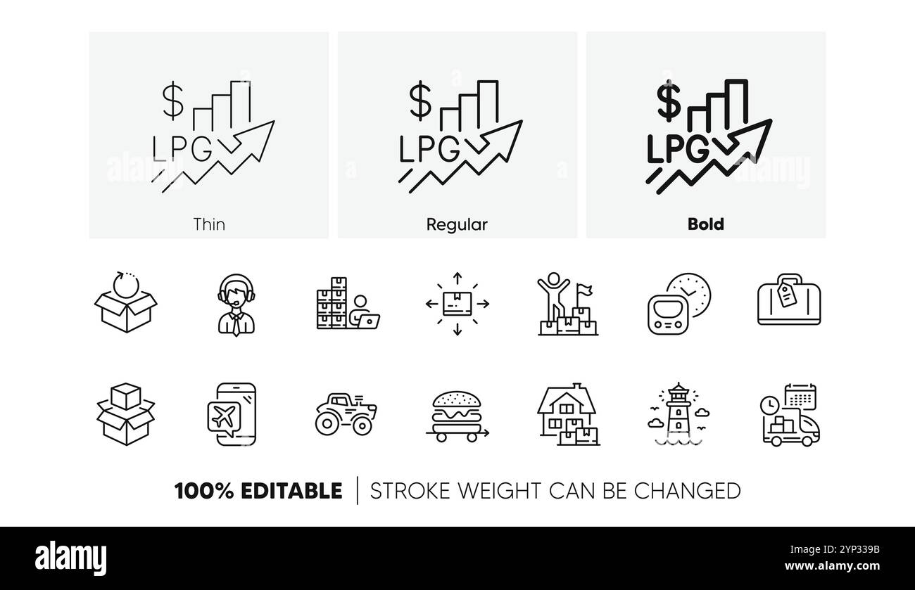 Symbole für Rückgabepaket, Lagerbestand und Handgepäck. Für Web-App drucken. Zeilensymbole. Vektor Stock Vektor