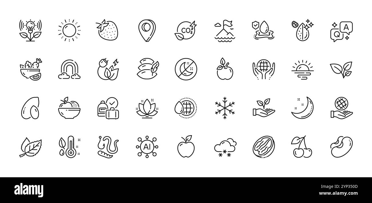 Symbole für Würmer, Schneewetter und Sonnenaufgang. Für Web-App. Zeilensymbole. Vektor Stock Vektor