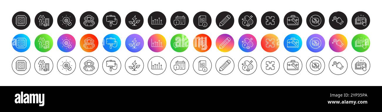 Kein Bargeld, Bleistift- und Puzzlesymbole. Für Web-App drucken. Runde Symbolschaltflächen. Vektor Stock Vektor