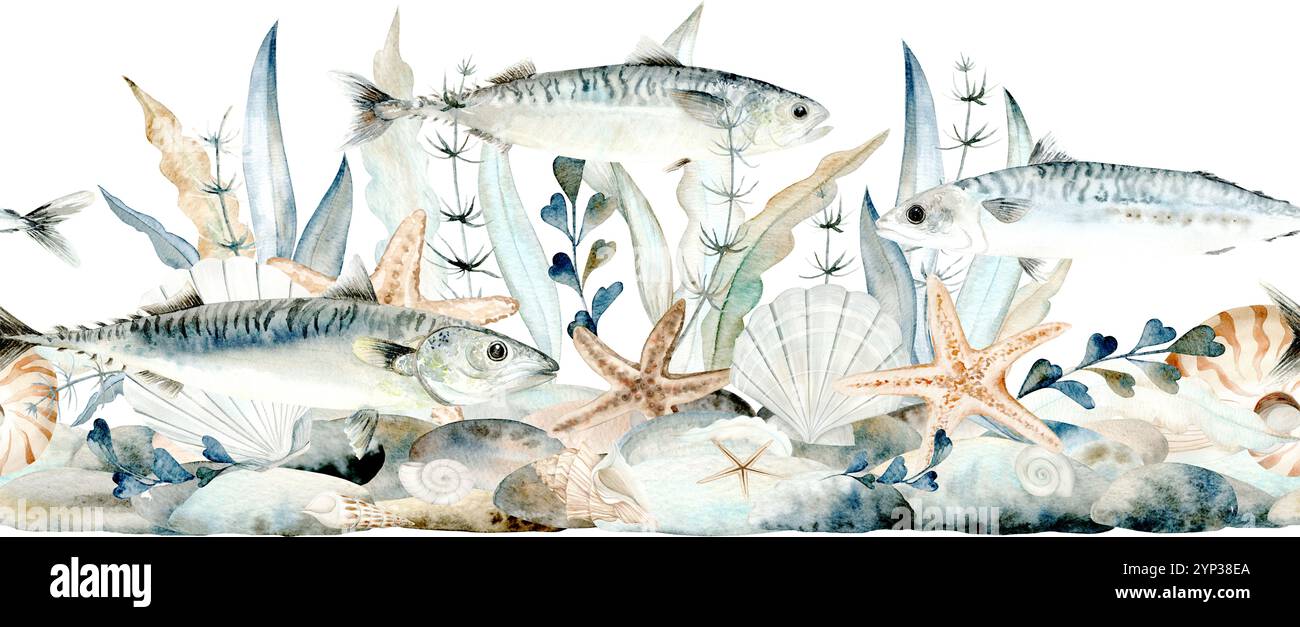 Nahtloser Rand aus Muscheln, Kieseln und Meeresalgen. Handgemalte Makrele und Kieselsteine aus Atlantik für nautische und Küstenmotive in einfarbigen Pastellfarben. Stockfoto